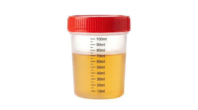 A plastic medical specimen container filled with a urine sample, isolated on transparent background