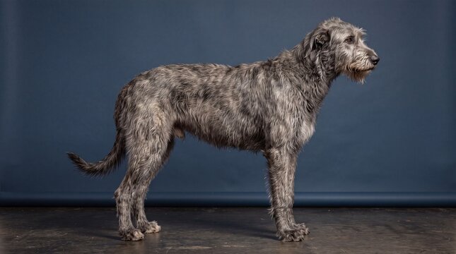 Large Irish Wolfhound dog standing in profile view against a dark blue studio background