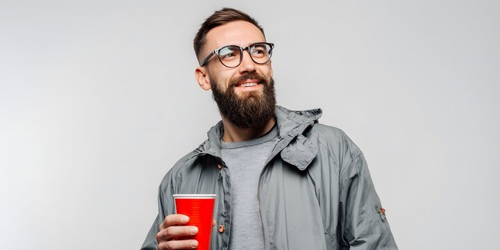 Happy bearded man wearing glasses holding red cup