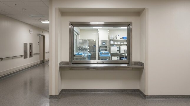 Sterile processing window standing within a quiet corridor alcove, soft diffused corridor light painted wall
