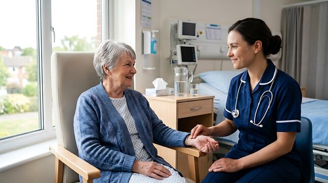Nurse checking elderly female patient pulse in hospital