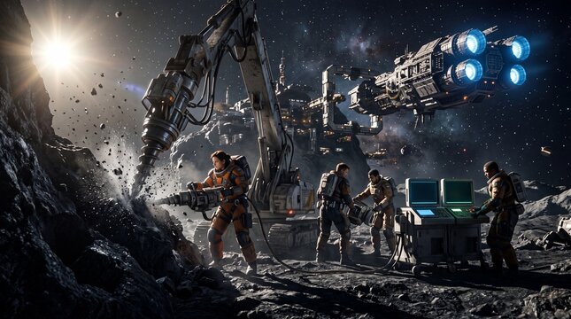 Futuristic space mining operation on an asteroid with astronauts using heavy machinery and drills near a lunar base