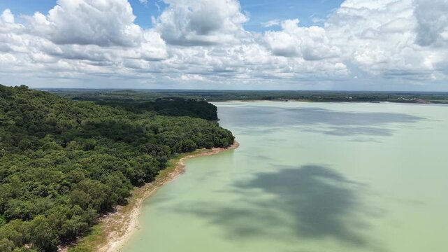 Aerial tracking along a wooded headland where dense forest meets the pale green water of Dau Tieng Reservoir, a sandy waterline between them, Tay Ninh, Vietnam.