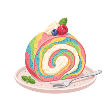 Colorful rainbow swirl cake slice with fresh berries and mint garnish on white plate ready to eat
