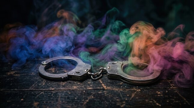 Handcuffs With Colorful Smoke On A Dark Wood Surface