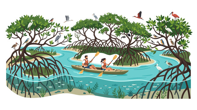 Couple kayaking through mangrove forest teeming with diverse birdlife