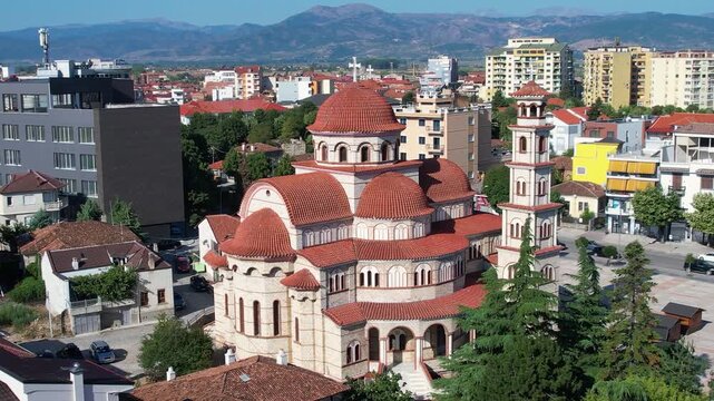Resurrection Cathedral in Kor&ccedil;a city center on a quiet sunny morning boulevard