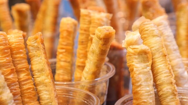 Fresh baked snacks in a market at night