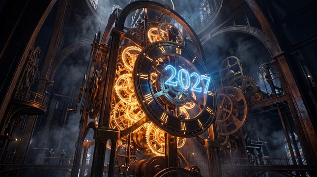 Steampunk mechanical clock with glowing gears and blue neon 2027 sign in a dark industrial setting