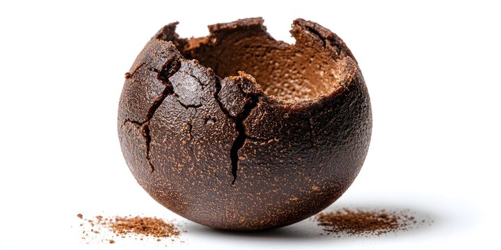 Cracked chocolate truffle with a broken top revealing its rich interior and dusted cocoa powder on a white background