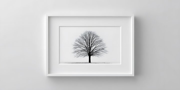 Framed black and white photograph of a bare winter tree with intricate leafless branches on a white wall
