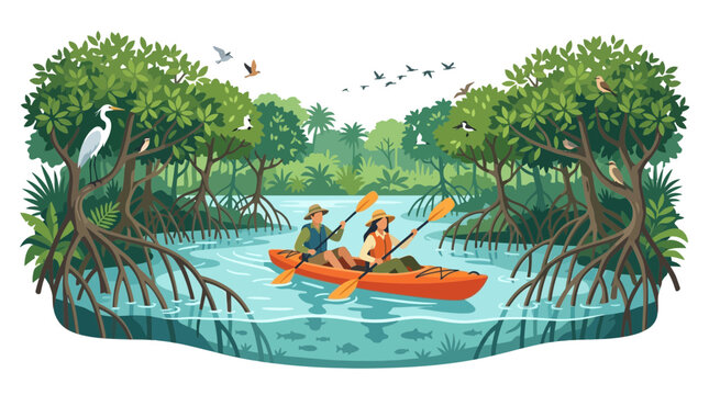 Couple kayaking through a lush mangrove forest with wildlife