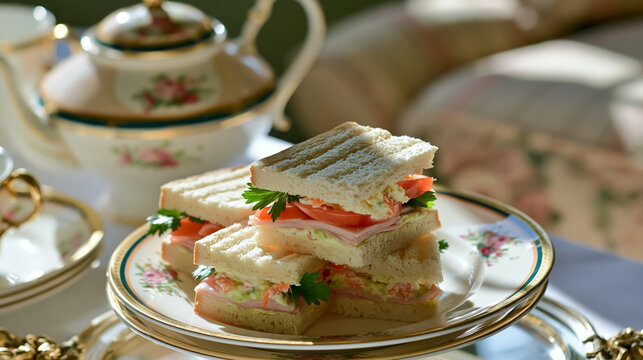 Delicate finger sandwiches with ham, tomato, and coleslaw salad, enjoying a classic afternoon tea party with elegant tableware