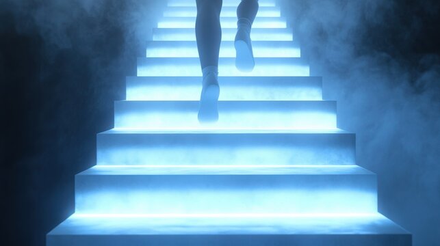 Person walking up glowing stairs in dark foggy environment
