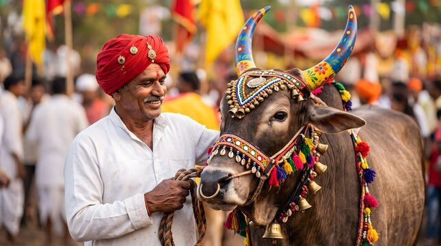 Smiling Indian Farmer with Decorated Bull at Traditional Festival