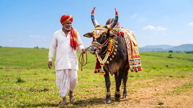 Indian Farmer with Decorated Bull in Rural Field