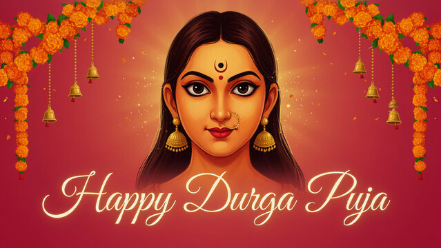 Happy Durga Puja festive greeting background featuring illustration of Goddess Durga with marigold flower garlands and hanging bells. 