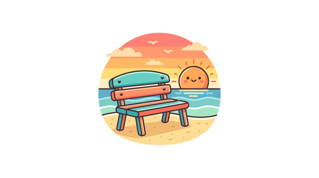 Wooden bench on beach with smiling sunset circle.