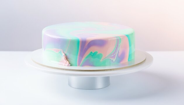 Pastel iridescent cake on a minimalist pedestal stand with glossy abstract glaze