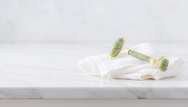 Green jade facial roller on folded white towel in a bright spa bathroom setting