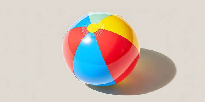Colorful inflatable beach ball resting on a plain beige surface with soft shadow