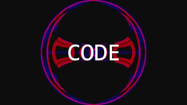 Digital code animation in abstract glowing circles with pulsing energy on dark background