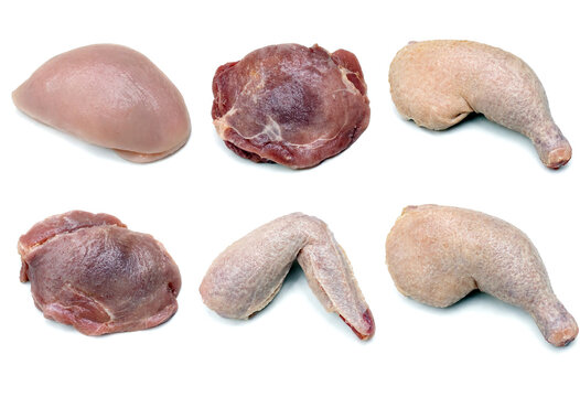 Assorted raw chicken cuts including breast thigh wing and drumstick isolated on transparent background