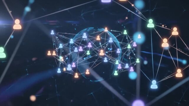 Global digital network of people icons connecting around a glowing earth globe for social media and technology concepts.