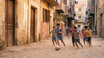 Group of young boys playing soccer in a narrow, dusty street of an old Middle Eastern city © BETTOVERSE