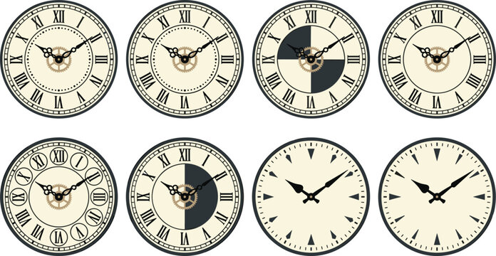 Vintage antique clock faces set with Roman numerals decorative hands steampunk gears and classic mechanical dials for graphic design layout element