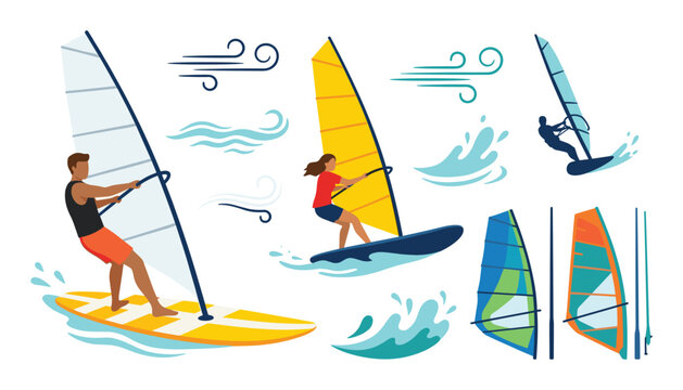 Windsurfing vector illustration set featuring people windsurf boarding on ocean water waves with sails, wind symbols, and summer extreme water sports elements