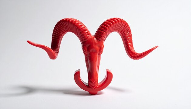 Close up on a red wax animal head sculpture with horns, isolated on white background.