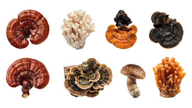 Collection of various wild medicinal mushrooms, fungi, and bracket shelf specimens on a white background, isolated on a, transparent background