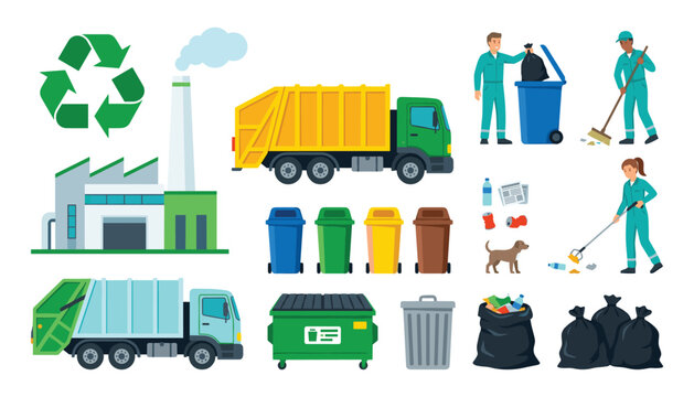 Waste management and recycling vector icon set featuring garbage trucks janitor workers street sweepers recycling bins sorting trash container and eco factory