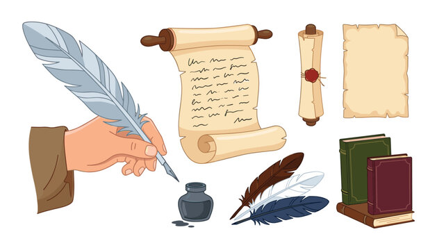 Vintage literature and storytelling vector element set featuring a hand writing with a feather quill pen paper scroll parchment inkwell and books