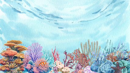 Watercolor underwater coral reef with tropical sea life © Hifzhan Graphics