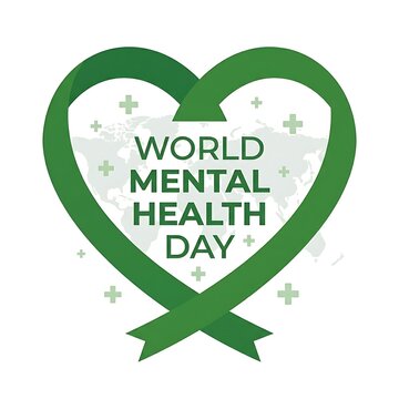World Mental Health Day green ribbon heart symbol with global map background