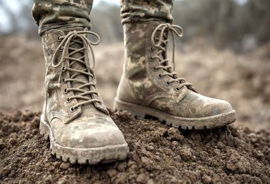 Close up of military boots standing on muddy ground in a natural outdoor setting