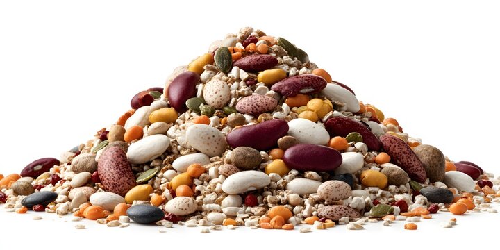Assorted mixed dried beans and legumes piled in a heap on a white background