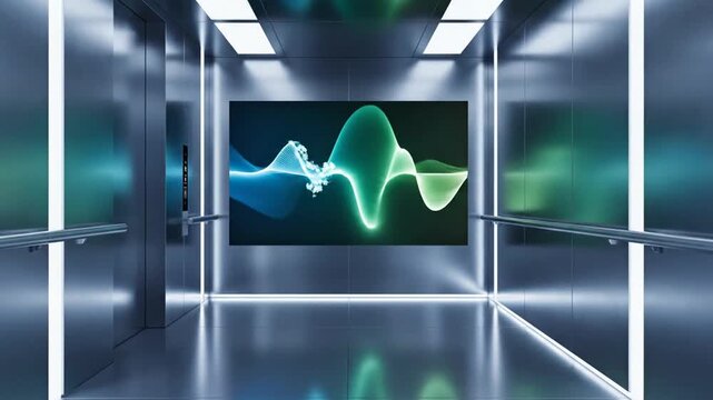Modern elevator interior with digital screen showing abstract waves. Futuristic metallic lift design in office building.