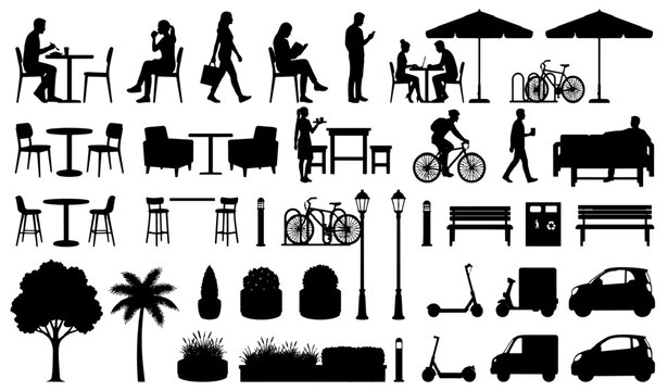 Cafe people silhouettes with street furniture and bicycles for architectural entourage