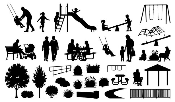 Children playground silhouettes with families, swings and slides for architectural entourage