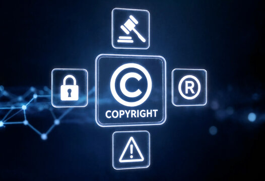 Digital copyright protection concept with symbols and icons representing legal security and intellectual property rights