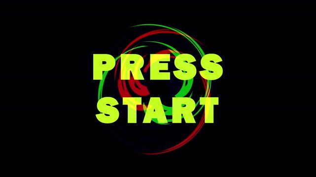 Retro gaming 'Press Start' text with glitch effects in motion during a digital transition for retro game intros
