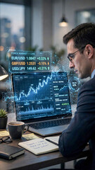 Fototapeta premium Businessman analyzing currency exchange rate fluctuations on laptop screen with forex market HUD
