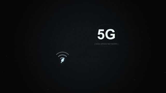 5G wireless signal animation, cyan particle data trail flowing from wifi icon to 5G network badge loop 4k