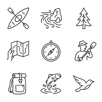 Hiking icons line art featuring kayak, mountain, pine tree, map, compass, hiker, backpack, fish, and bird symbols.