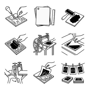 Printmaking process steps illustrated with linocut tools, printing press, and inked paper.