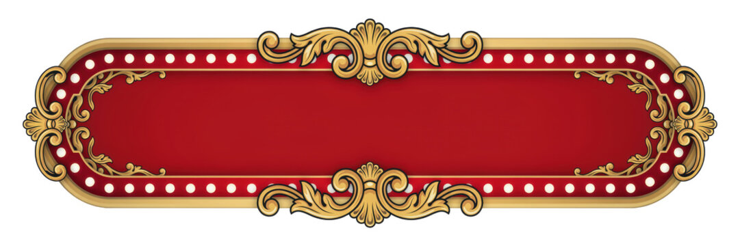 Ornate red horizontal banner with gold filigree flourishes and white polka dot border accents isolated on a transparent background