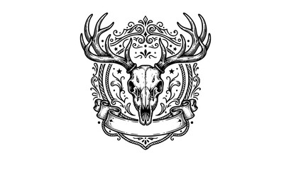 Fototapeta premium Vintage deer skull and antler ranch emblem vector design